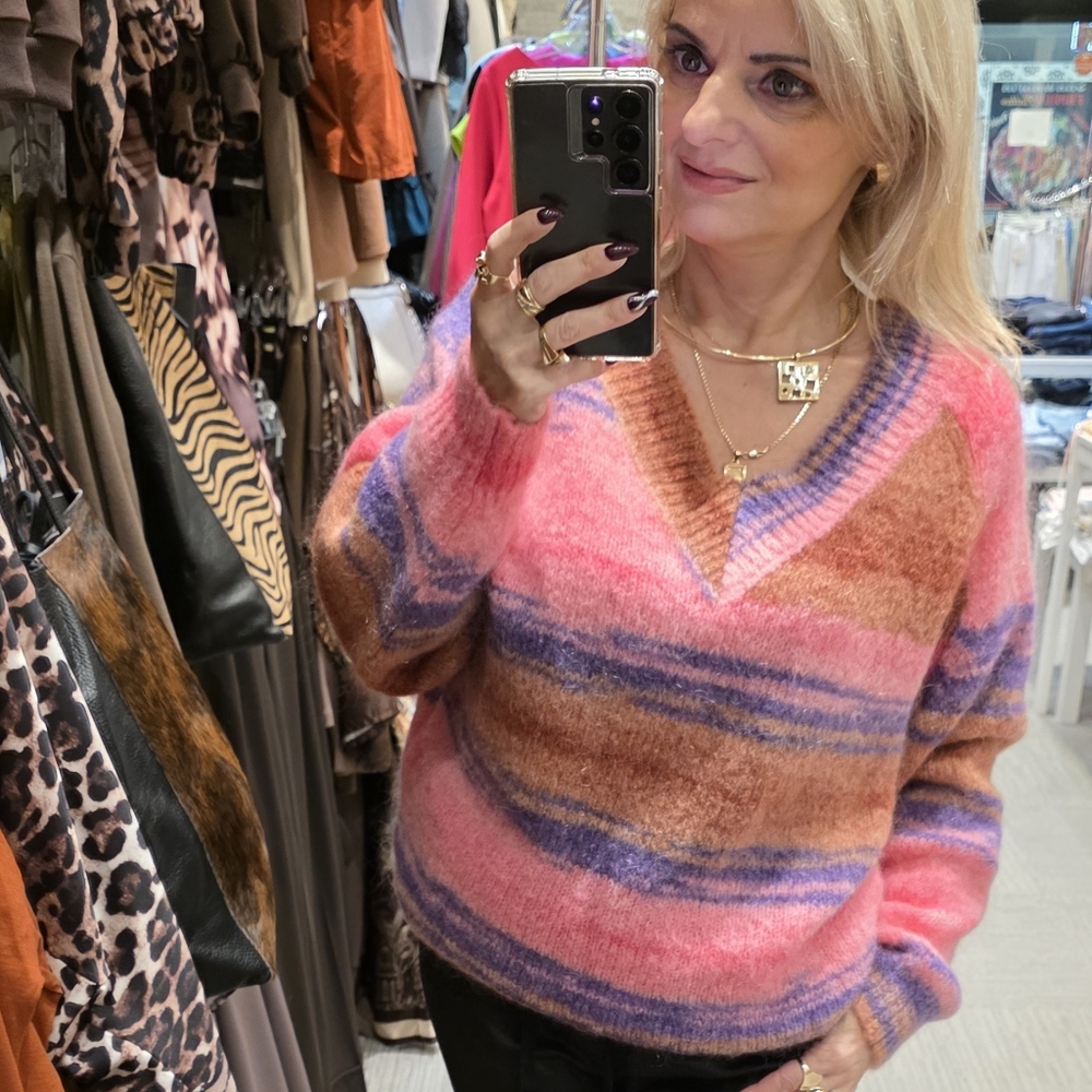 Cozy Pink and Purple V-Neck Sweater
